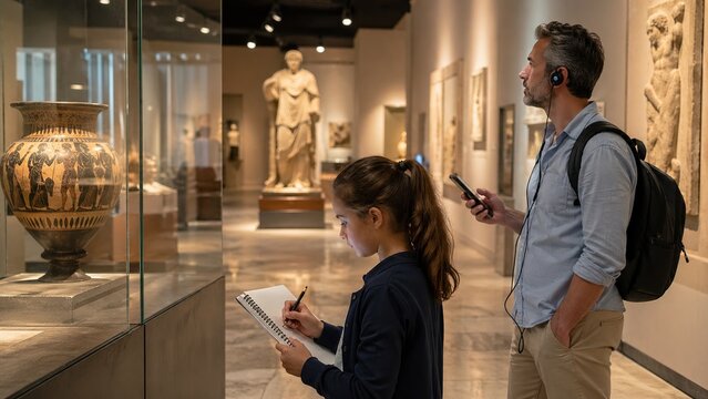 Father and daughter exploring ancient artifacts in a museum gallery