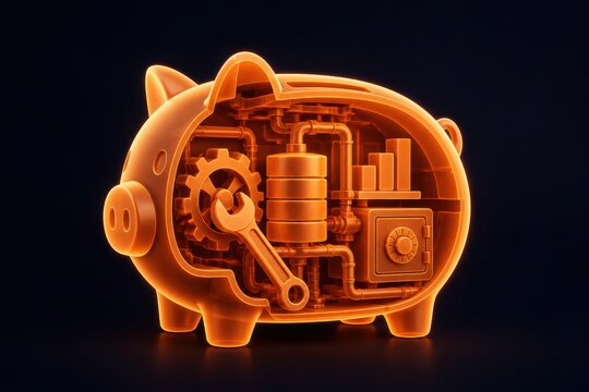 Glowing piggy bank cutaway with finance machinery