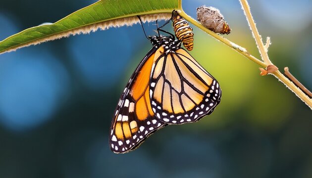 monarch butterfly danaus plexippus emerging from the chrysalis on milkweed branch