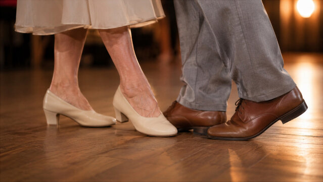 Senior woman and man dancing on wooden floor. Elderly couple hobby and active leisure. Rehabilitation and physical therapy movement exercises for senior fitness and social wellbeing.