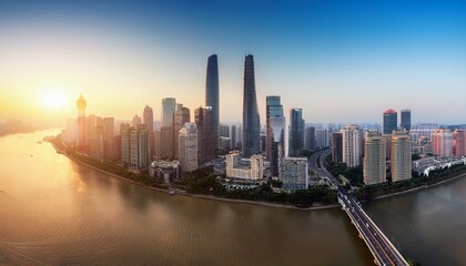 Fototapeta premium aerial view of the modern city commercial buildings with skyline at sunrise in guangzhou