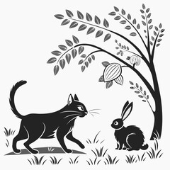 Silhouette of a cat stalking a rabbit under a tree with stalking silhouette illustration wildlife creature isolated © Adita