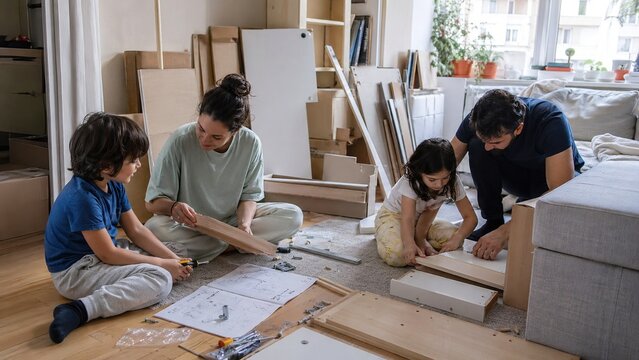 Family working together to assemble flat-pack furniture at home