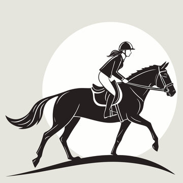 Equestrian rider female character riding horse in professional show jumping style with equestrian training exercise
