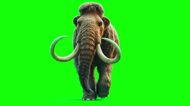 Woolly mammoth walking towards camera on green screen background, chroma key