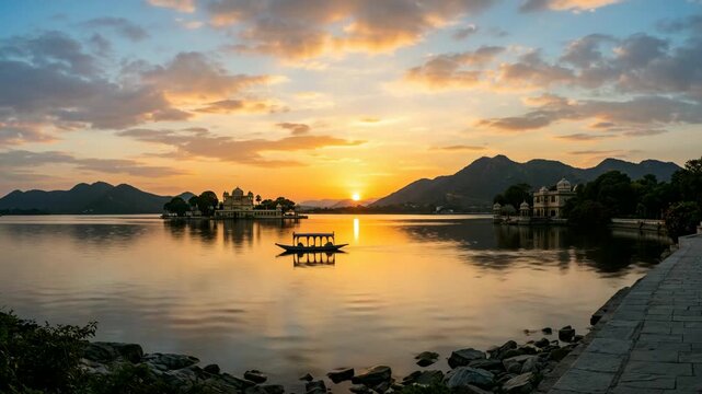 fateh sagar lake udaipur india with boat reflecting warm evening sunlight timelapse video