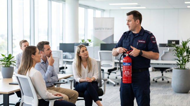 Fire safety instructor demonstrating how to use a fire extinguisher to office employees. Male technician in uniform giving a workplace safety training presentation to corporate staff