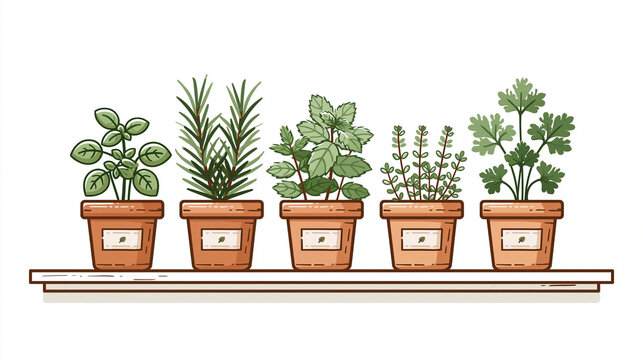flat vector illustration of five herb pots sitting on a simple windowsill, each in a small terracotta pot with different green herbs
