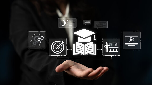 Futuristic Education Concept with Digital Learning Icons Representing Knowledge, Teaching, and Student Growth in a Modern Classroom Setting. Bitwise.
