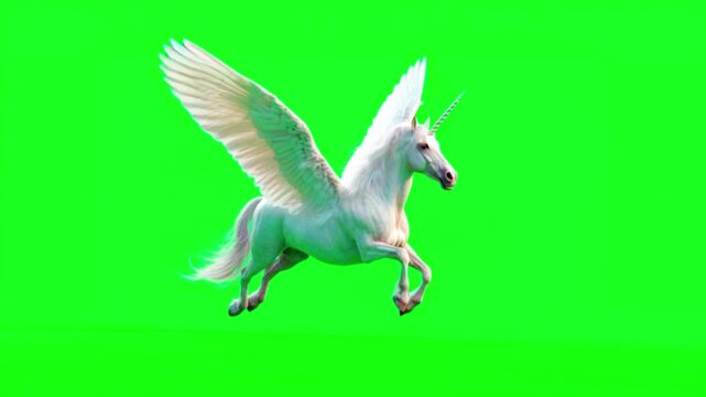 White winged unicorn running on green screen background, chroma key