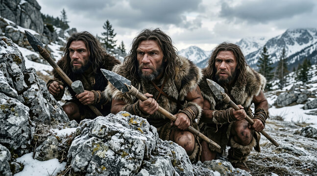 Three cavemen, prehistoric Neanderthal men crouching behind rocks in a snowy mountain landscape. Early human hunters wearing animal furs and holding primitive stone-tipped spears
