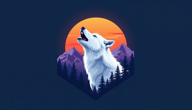 White wolf howls at big orange sun over purple mountains. Dark pine forest grows below. Lone animal calls in wilderness during twilight. Majestic wolf in mountain landscape.