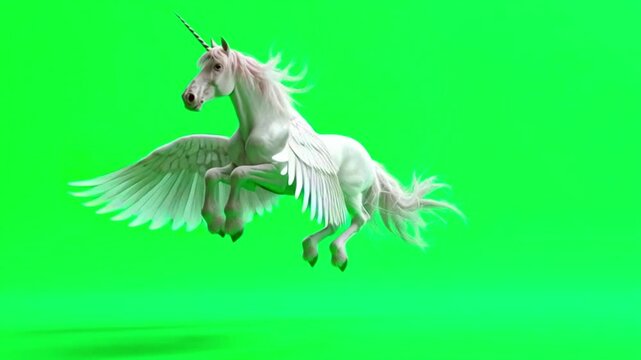 White winged unicorn standing on green screen background, chroma key