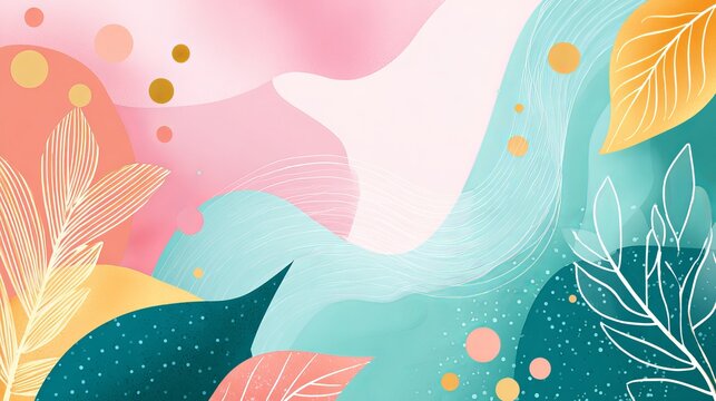 Abstract botanical background featuring soft pastel waves and elegant golden line art leaves in a modern minimalist artistic digital composition