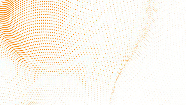 Abstract orange wave dotted background, flowing particle halftone texture, modern vector design
