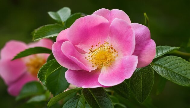 vivid close up high quality botanical photograph of rosa rubiginosa also known as sweet briar rose showing its delicate pink petals surrounding green foliage often used herbal teas wellness