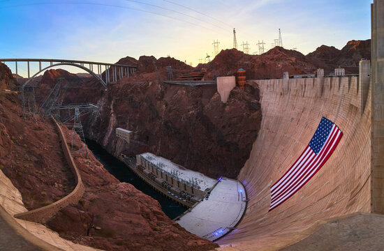 Hoover Dam Panorama with Giant American Flag at Sunset Nevada USA