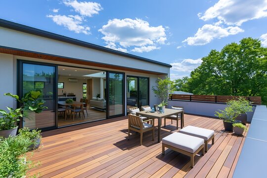 ウッドデッキとアウトドアリビングのあるモダン住宅の屋上テラス