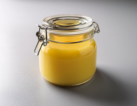 ghee butter in a glass jar on light background