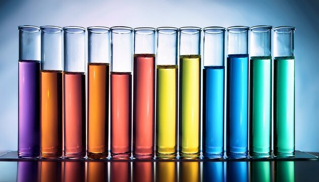 row of test tubes filled with different colored liquids