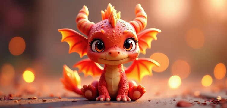 Cute baby dragon sits on ground. Small red fantasy creature has orange wings, horns, big eyes. It looks friendly and adorable, perfect for kids content.