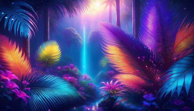beautiful iridescent glowing tropical jungle with colourful trees flowers and leaves in purple blue light exotic vegetation landscape background generative ai