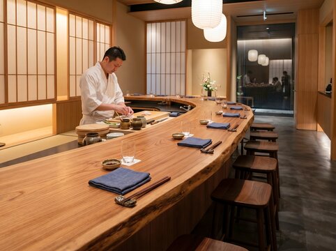 高級寿司店のカウンターで熟練の職人が食材を準備する風景