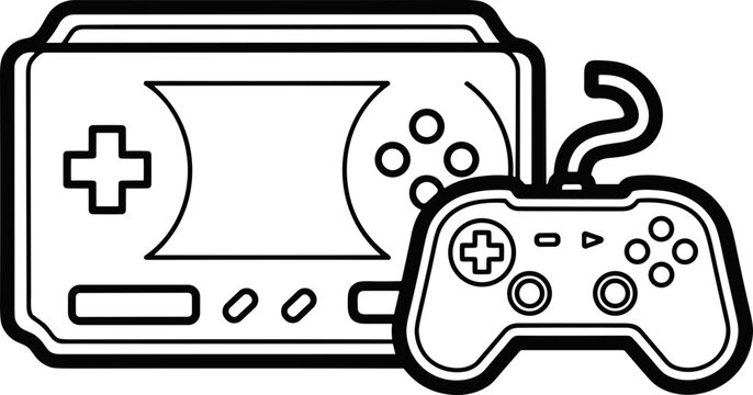 Retro Handheld Game Console with Controller, Vector Line Art