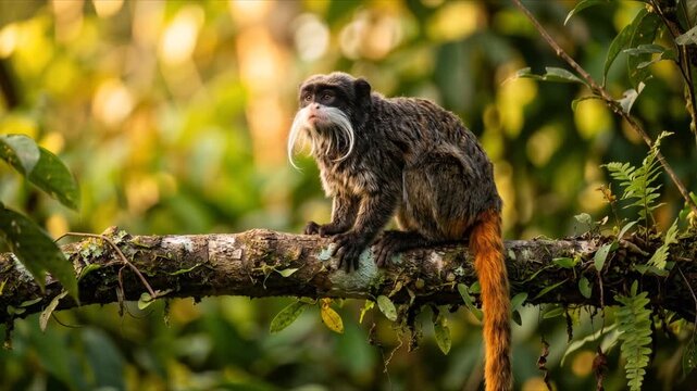 Emperor tamarin on a branch at golden hour cocta rica forest