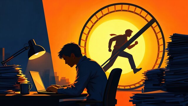 Tired man working on laptop with heavy pile of documents. Corporate employee running in hamster wheel. Metaphor for endless work routine, burnout and stress. Concept for Workaholics Day.