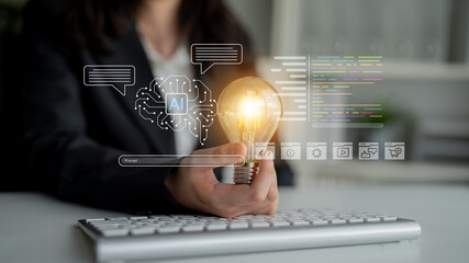 A professional setting showcases a person holding a glowing light bulb, symbolizing creativity and innovation in AI technology within the digital landscape. Cyphers © InfiniteFlow