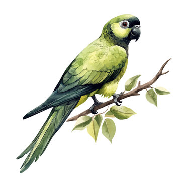 Parrot, watercolor clipart showcasing whimsical details and harmonious color flow, isolated on a white background.