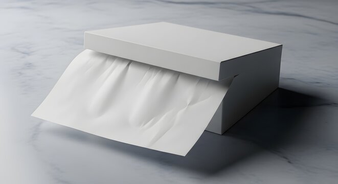 A minimalist still life featuring a partially open white cardboard box with soft folded white paper inside on a gray surface