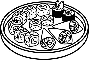 Assortment of Japanese Sushi Rolls and Hand Rolls on a Round Plate, Black and White Line Art © kumara