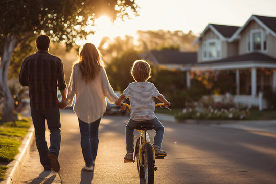 Parents guiding their child on a bicycle ride in a suburban area at sunset.