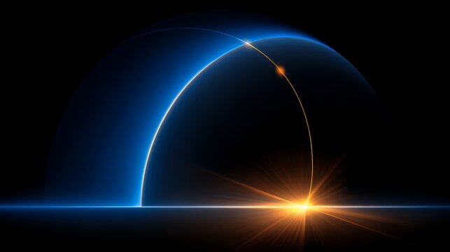 Abstract futuristic glowing sunrise over a dark planet horizon with bright blue and orange light arcs for sci-fi backgrounds