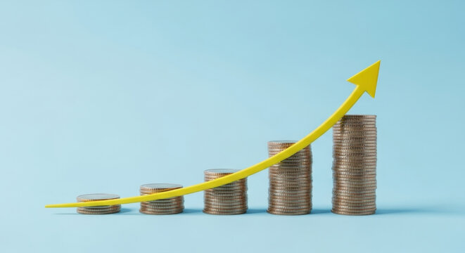 Financial concept with growing stacks of metal coins arranged in ascending order forming rising success trend chart against plain light blue background.