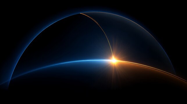 Majestic deep space sunrise over planet Earth horizon with striking blue and orange cosmic light flares for futuristic design