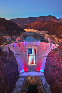 Hoover Dam Night View With Giant American Flag Red White Blue Lights Nevada