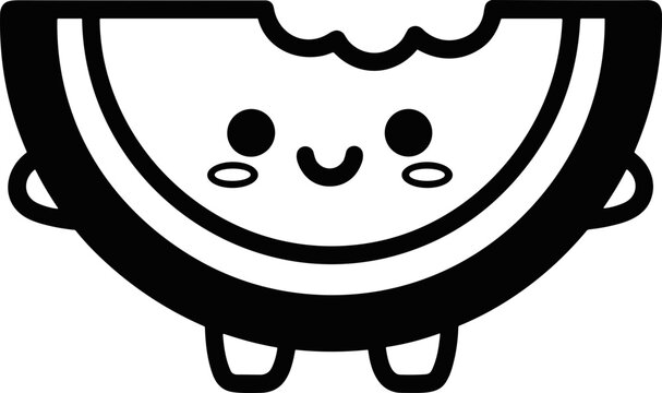 Cute cartoon watermelon slice character with a bite mark, kawaii style, black and white