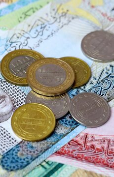 Bahraini dinar money bills and coins on table. Bahrain cash of BHD currency close up