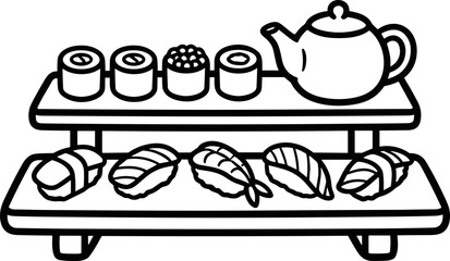 Simple Line Art Sushi Platter with Teapot Icon © kumara