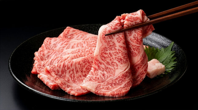 箸でつまむ霜降り和牛の薄切り、黒背景に映える高級肉