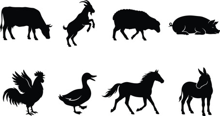 Farm animals and livestock vector silhouette icon set featuring cow goat sheep pig rooster duck horse and donkey © SONET