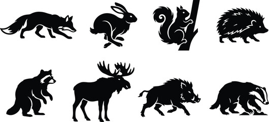 Forest wildlife animals vector silhouette icon set featuring fox hare squirrel hedgehog raccoon moose wild boar and badger © SONET