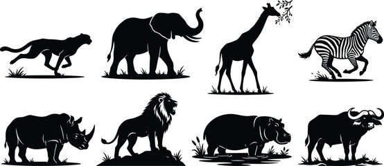 Safari wildlife silhouette vector bundle featuring elephant, giraffe, zebra, lion, rhino, hippo, buffalo, and cheetah designs © ARNAB