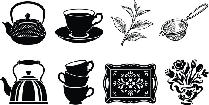 Tea time culture silhouette vector set featuring teapots, teacups, fresh tea leaves, strainer, and decorative serving tray elements