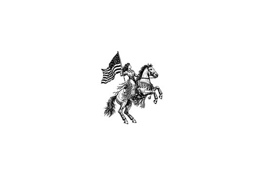 Vintage vector sketch of a cowgirl riding a rearing horse with a USA flag. Engraving style digital illustration of a patriotic western woman, isolated on white background.