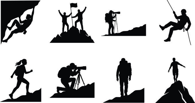 Mountaineering and rock climbing vector silhouette icon set featuring bouldering peak summit conquest wildlife photographer rappelling and trail hiking