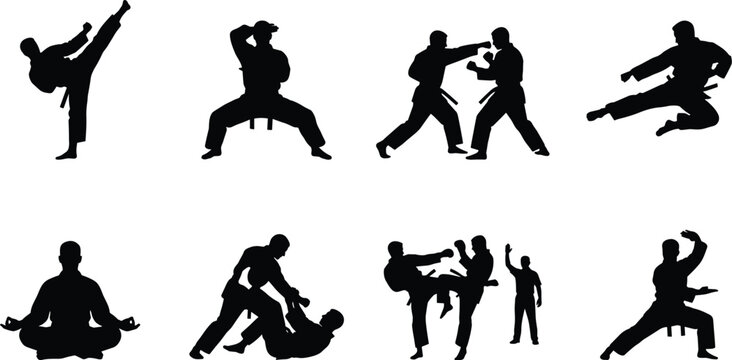 Martial arts and karate vector silhouette icon set featuring high kick kata stance sparring jump kick meditation jujitsu grappling and referee decision
